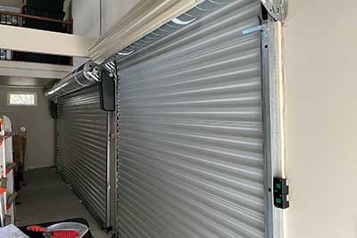 Rolling steel doors at commercial building.
